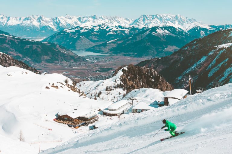 green jacket skiing