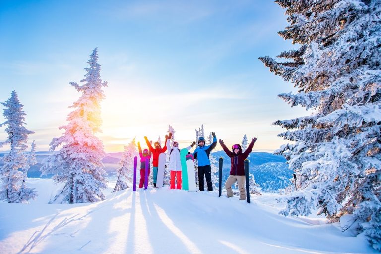 family skier in snow