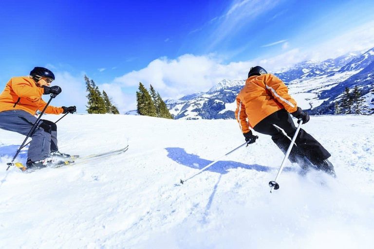 senior couple skiing